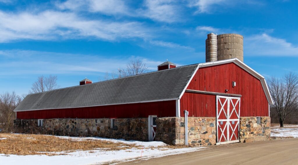 Beautiful shot of a store building from wood and stones of West Bloomfield, MI