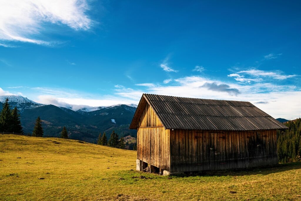 Beautiful forests covering the Carpathian mountains and a small village
