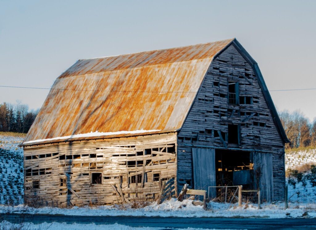 A weathered wooden barn with a rusted metal roof, showing severe structural damage and decay during winter. Highlights the impact of time, neglect, and harsh weather on barn lifespan. 