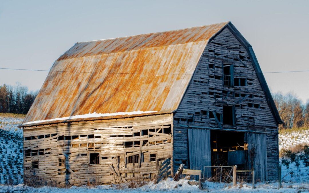 Historic New York barn in critical condition requiring immediate restoration through state tax credit program.